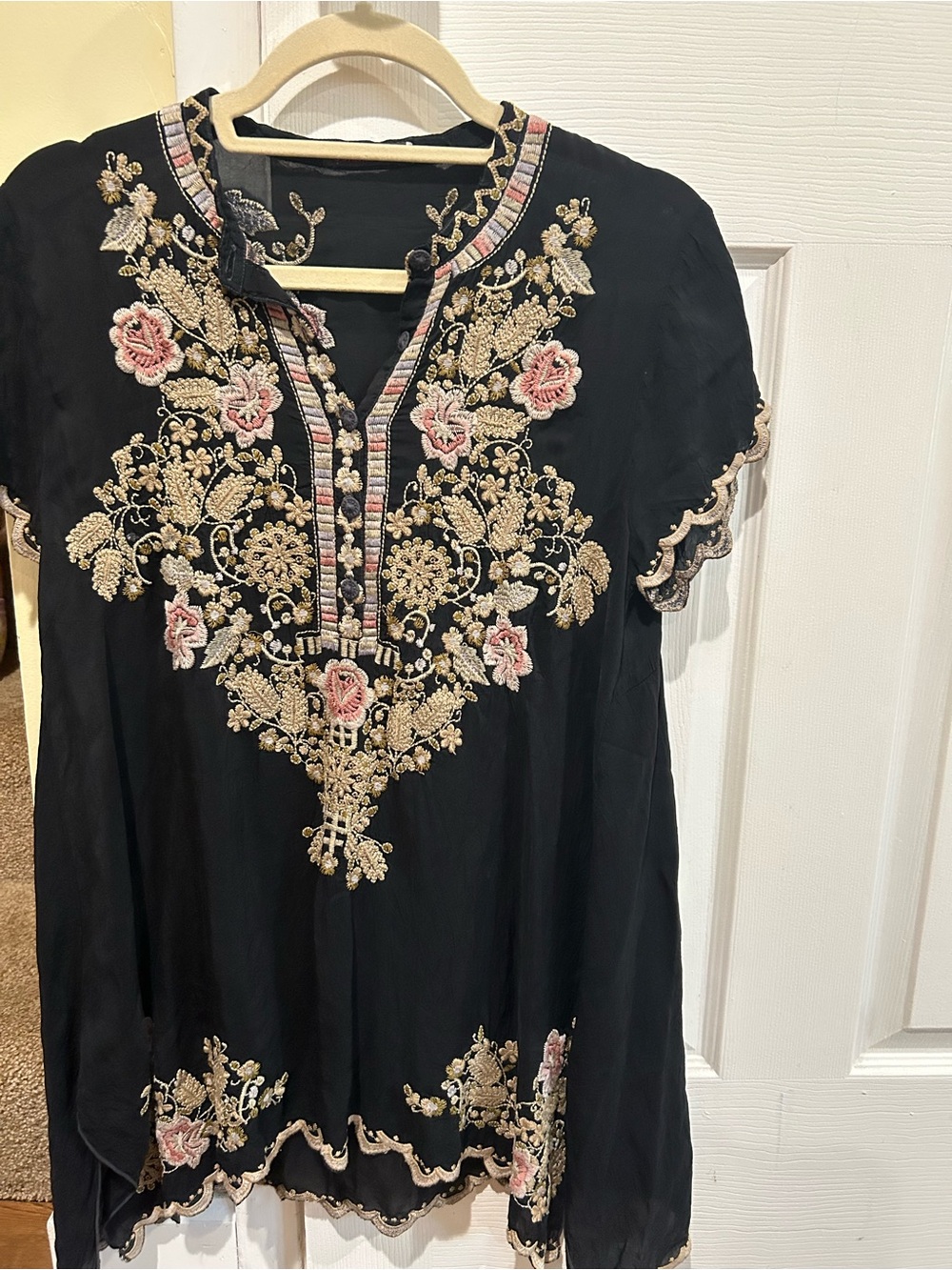 Johnny Was Black Embroidered Tunic with Pink & Gold Accents